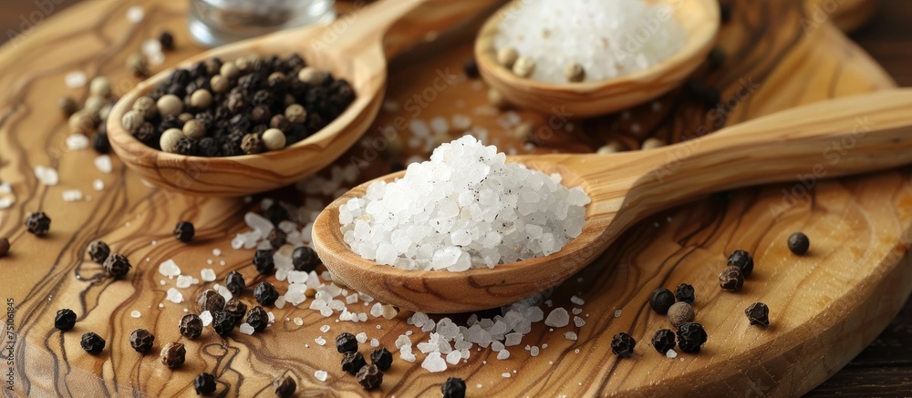 Two wooden spoons filled with sea salt are placed neatly on a rustic wooden table. The grains of sea salt peek through the spoons, creating a simple yet striking visual composition. Two wooden spoons filled with sea salt are placed neatly on a rustic wooden table. The grains of sea salt peek through the spoons, creating a simple yet striking visual composition.
