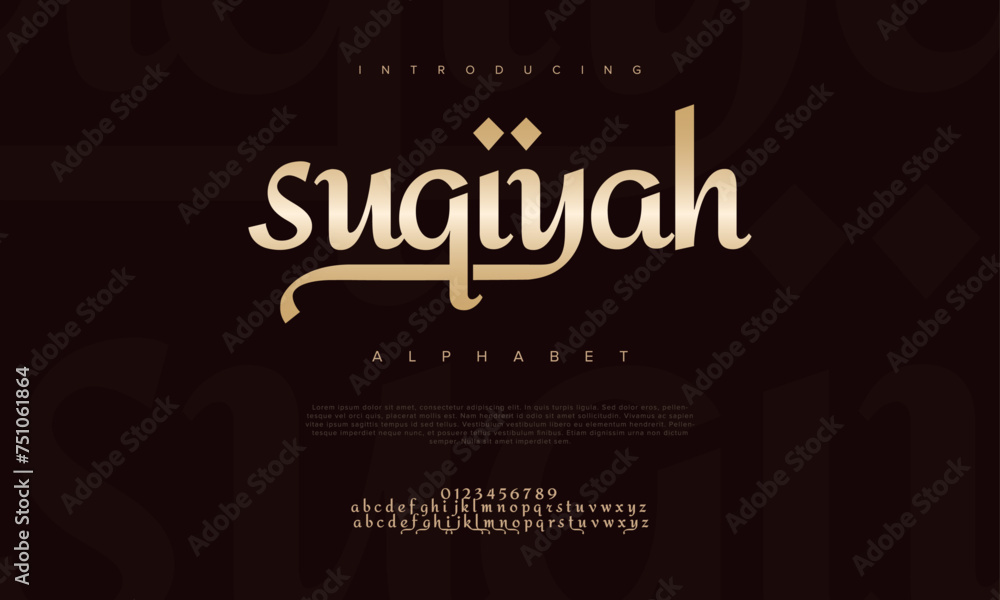Suqiyah premium luxury arabic alphabet letters and numbers. Elegant islamic  typography ramadan wedding serif font decorative vintage. Creative vector illustration