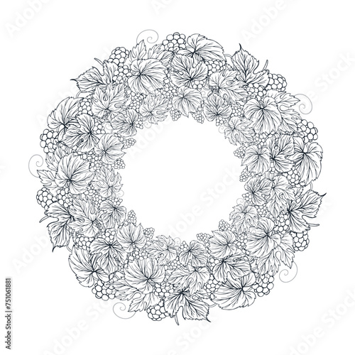 Round black frame bunches of grapes. Vector illustration isolated on white background.