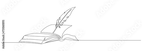 One continuous line drawing of bird feather with book. Writer and poetry symbol logo in simple linear style. Quill pen with diary in editable stroke. Doodle hand drawn vector illustration
