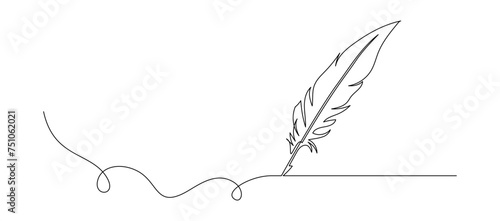 One continuous line drawing of bird feather. Writer and poetry symbol logo in simple linear style. Quill pen in Editable stroke. Doodle hand drawn vector illustration photo