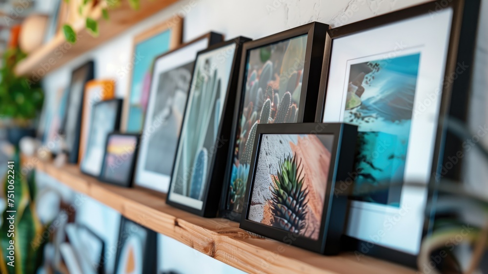 Gallery wall with various framed pictures in a modern setting Gallery wall with various framed pictures in a modern setting