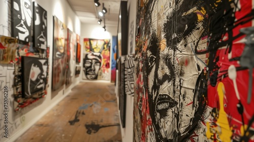 Urban art gallery displaying vibrant graffiti-style paintings, contemporary space