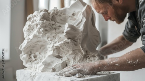 Artisan sculpting intricate details on a white sculpture photo