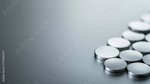 Several silver button batteries organized neatly on a dark grey matte surface photo