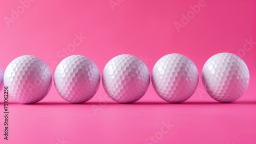Line of white golf balls against a pink background