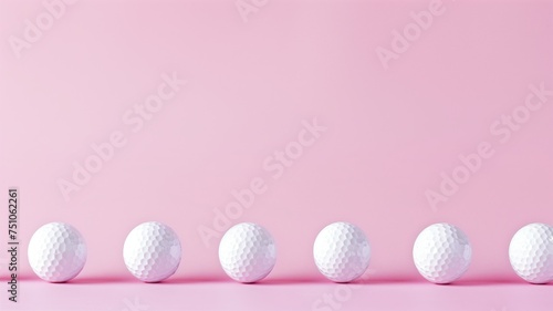 Row of golf balls on a soft pink background with copy space