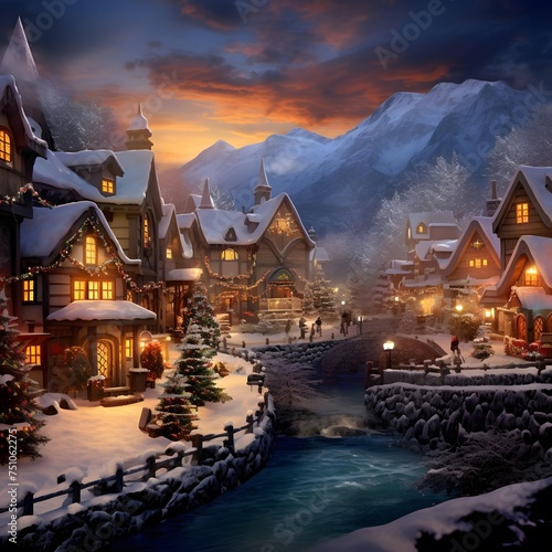 Beautiful winter village in the mountains. Digital painting. Illustration. © Iman