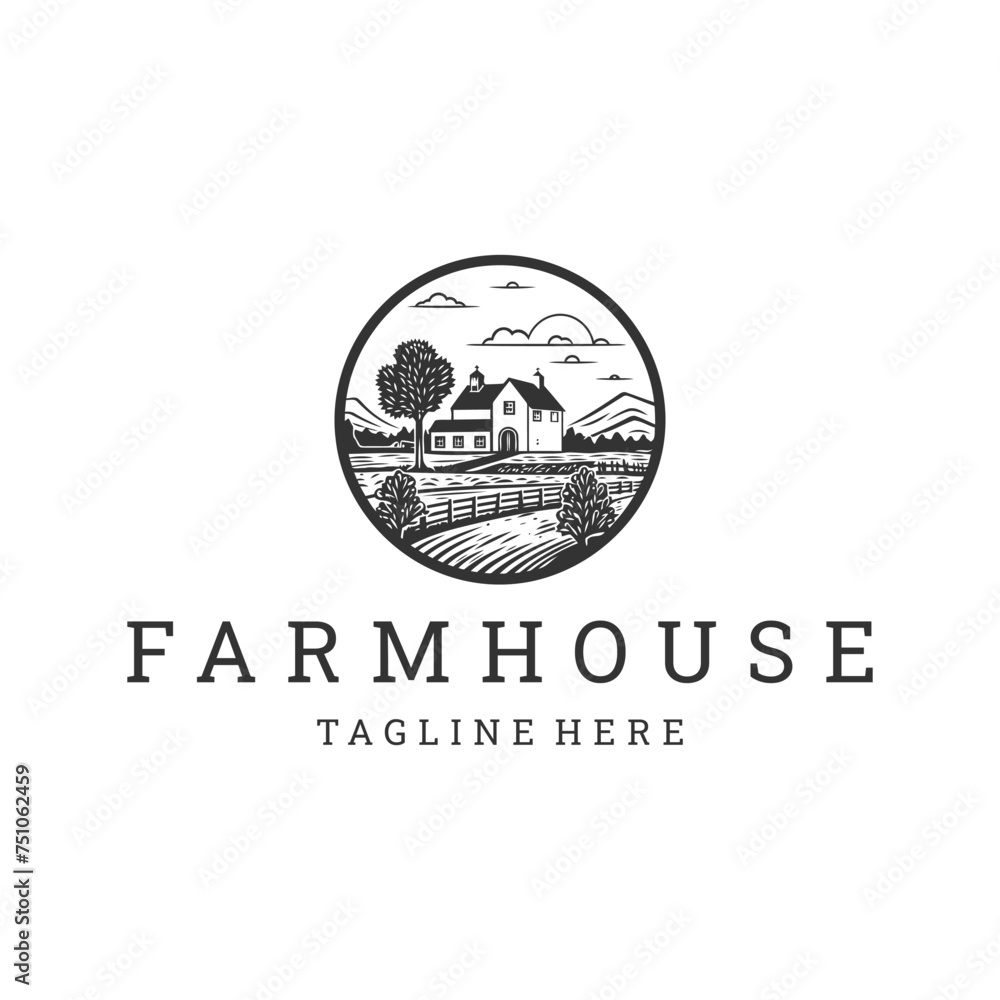 Farm house line art logo icon design template