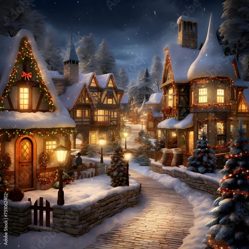 Digital Illustration of a Christmas Village at Night with Trees and Houses