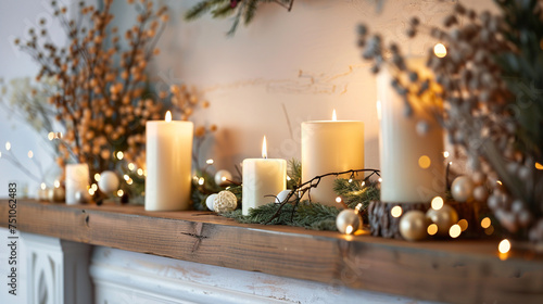 A home decor item on a mantlepiece with candles