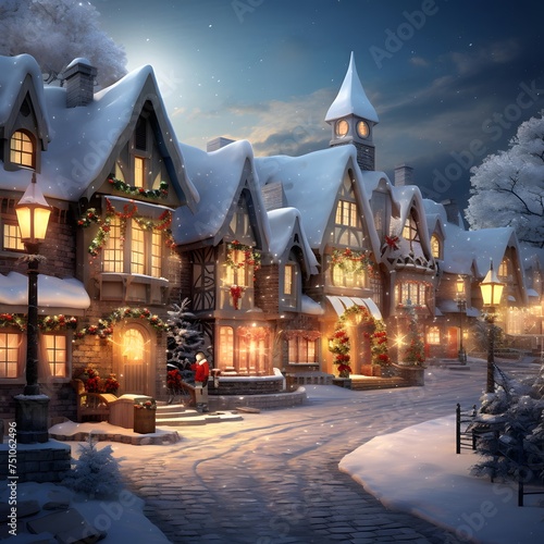 Christmas and New Year holiday background. Winter village with christmas decorations.