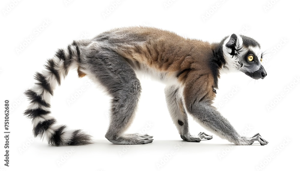 Walking lemur isolated on white with clipping path