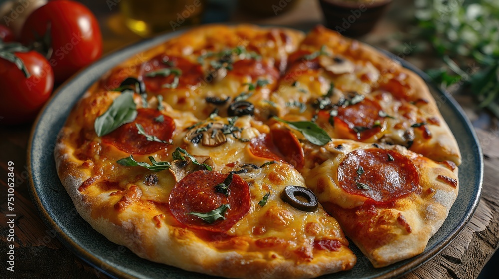 classic Italian pizza on a wooden tray. Created with generative AI. classic Italian pizza on a wooden tray. Created with generative AI.