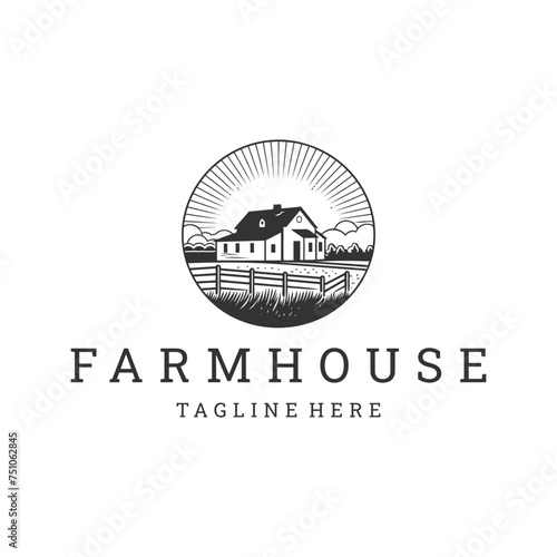 Farm house line art logo icon design template