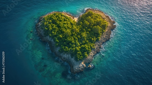 Heart shaped island with beaches, sand and rocks. Created with Generative AI.