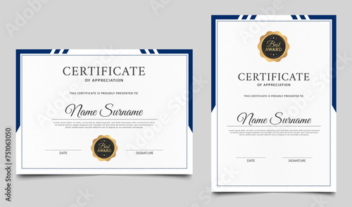 Blue certificate of achievement template design. Clean award certificate vector template 