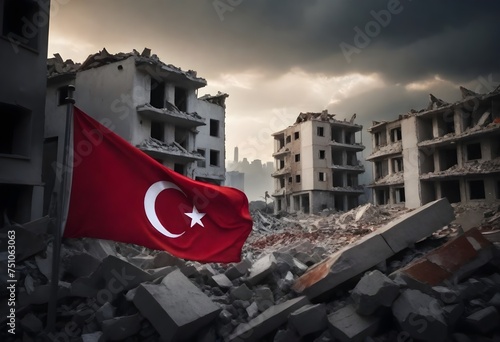 The turkish flag over the state after the earthquake ruins destruction tragedy disaster