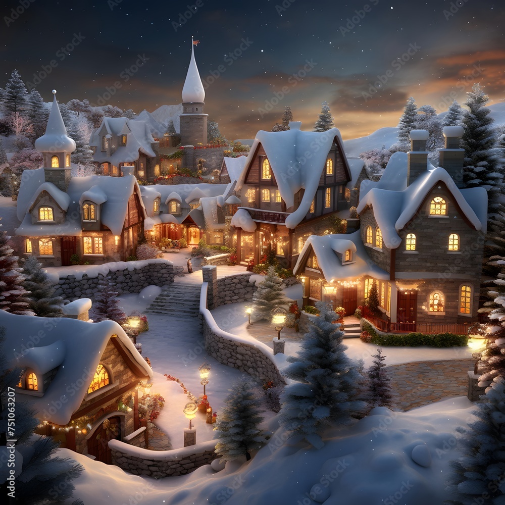 Winter village with snow covered houses and christmas lights. Digital painting.