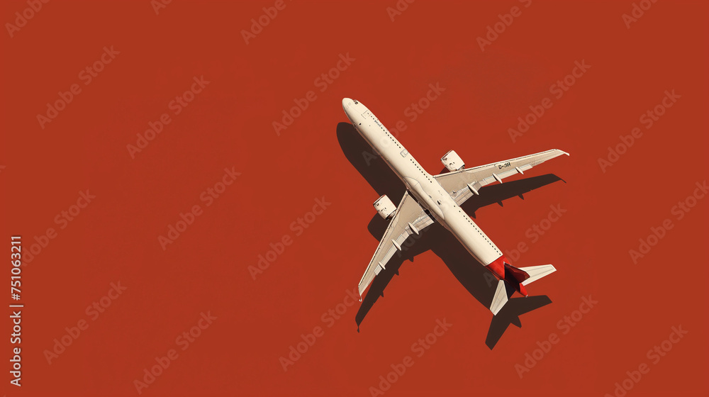 A white airplane is flying over a red background A white airplane is flying over a red background