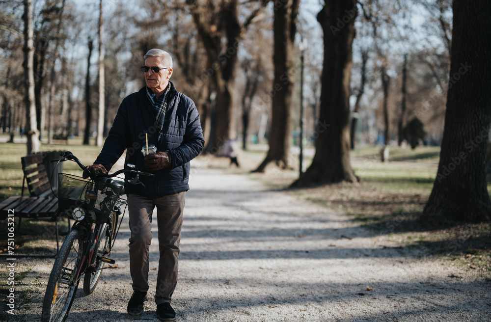 Active senior man with bicycle enjoying a relaxing day in the park.