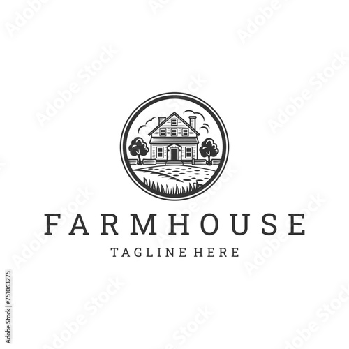 Farm house line art logo icon design template