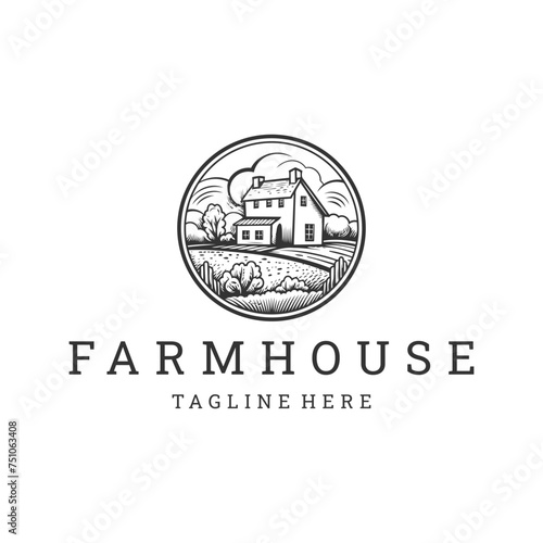 Farm house line art logo icon design template