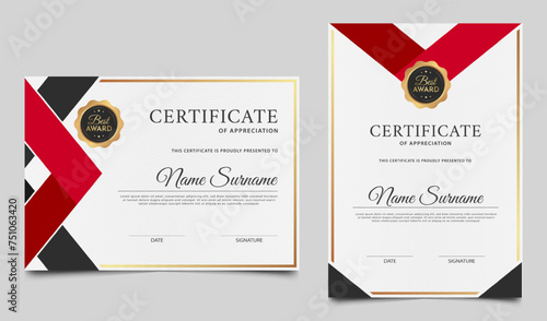 Modern red certificate of appreciation border template. Diploma certificate design with gold badge. Vector illustration