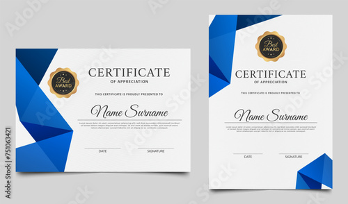 Modern blue certificate of appreciation template. Certificate border template with gold badge. Award diploma vector design