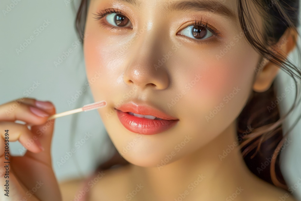 Radiant Young Woman Applying Makeup with Cotton Swab, Flawless Skin Beauty, Close-up Portrait Radiant Young Woman Applying Makeup with Cotton Swab, Flawless Skin Beauty, Close-up Portrait