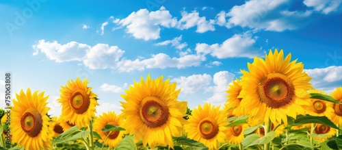 A field filled with tall sunflowers under a clear blue sky. The bright yellow flowers contrast beautifully with the deep blue backdrop  creating a stunning natural scene.