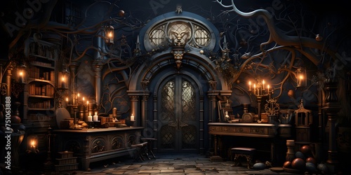 3d illustration of fantasy medieval castle interior with lanterns and furniture