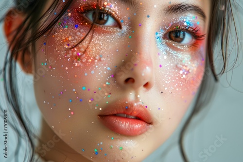 Close-up of Young Woman with Vibrant Glitter Makeup, Sparkling Eye Shadow and Glossy Lips, High Fashion Creative Cosmetic Concept