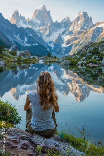 Serene Mountain Lake View with Woman Enjoying Nature's Beauty and Reflections at Sunset