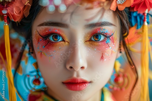 Striking Portrait of a Woman with Vibrant Makeup and Floral Accessories