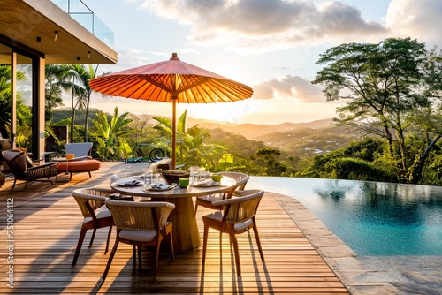 A luxurious poolside dining area with a stunning sunset view over a lush landscape. Copy space  © Margo_Alexa
