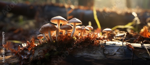 A cluster of mushrooms with a brown crusty appearance sits atop a decaying log in a forest setting. © AkuAku