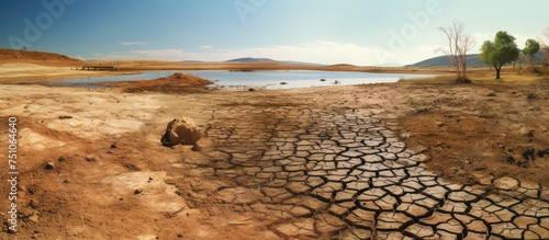 A painting depicting a dry landscape with cracked earth, sparse vegetation, and a lake visible in the distance. The scene conveys the effects of a drought on the environment, with the lake drying up