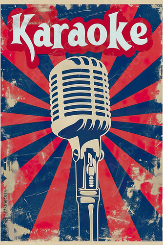 Vintage karaoke night poster with a retro microphone with text KARAOKE
