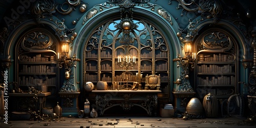 3d illustration of an old magic room with a lot of objects photo