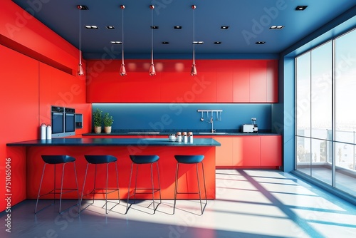 Modern red kitchen interior with furniture, kitchen interior with blue walls