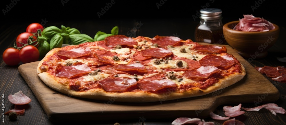 A freshly baked pepperoni pizza is displayed on a rustic wooden cutting board, showcasing its savory toppings and crispy crust. The pizza appears ready to be sliced and enjoyed. A freshly baked pepperoni pizza is displayed on a rustic wooden cutting board, showcasing its savory toppings and crispy crust. The pizza appears ready to be sliced and enjoyed.