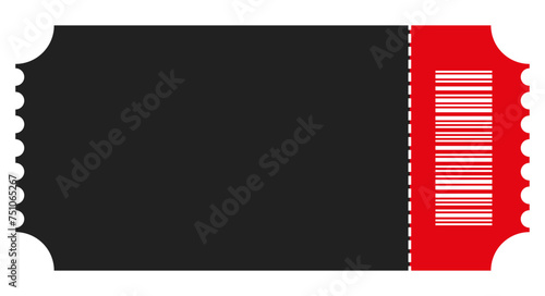 Empty red and black movie ticket template. Flat vector illustration isolated on white
