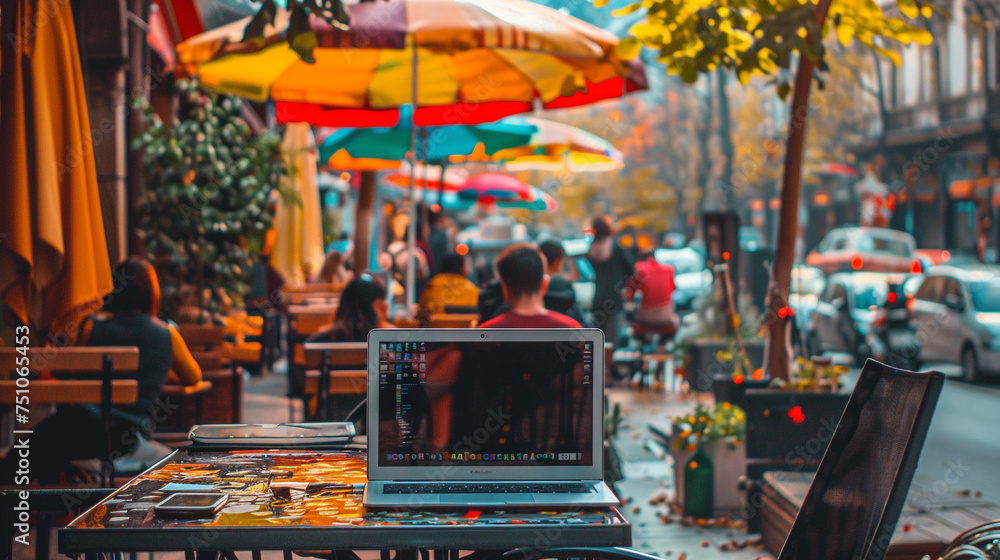 A laptop on a cafe table overlooking a street