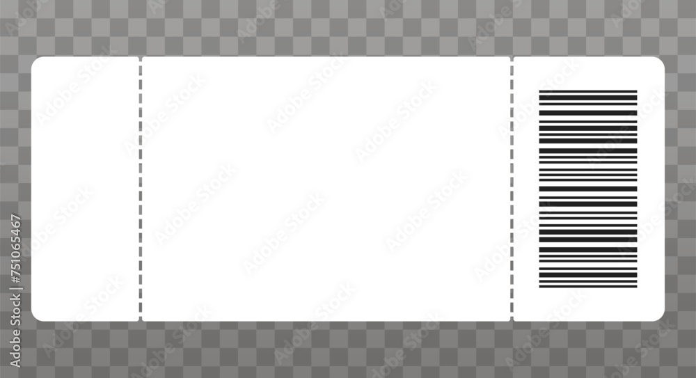 Blank empty white event ticket template. Concert ticket, lottery coupon. Flat vector illustration isolated on checkered transparent background.