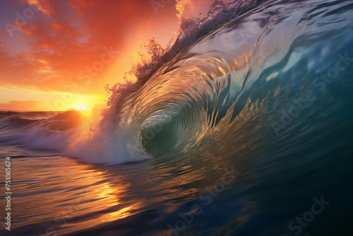 sunset in a wave in the ocean