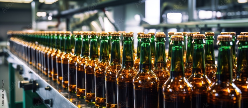 A line of empty glass bottles moves steadily along a conveyor belt in a distillery, preparing for the production of alcoholic beverages. The mechanical system efficiently transports the bottles to A line of empty glass bottles moves steadily along a conveyor belt in a distillery, preparing for the production of alcoholic beverages. The mechanical system efficiently transports the bottles to