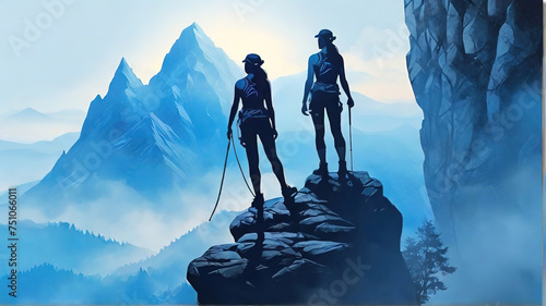 Silhouette of two hikers with trekking poles on the rock.