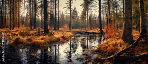 A stream winds its way through a dense forest filled with towering coniferous trees during autumn. The tall trees create a canopy overhead as the water flows peacefully through the vibrant foliage.