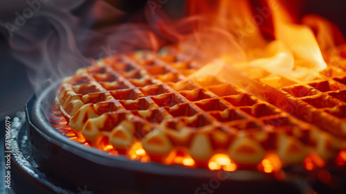 Extreme closeup of a waffle makers heating element glowing red as it cooks the batter and creates the crispy exterior of the waffle.